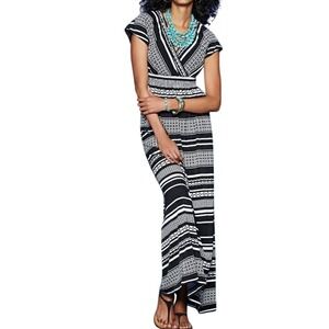 Chico's Black White Geometric Stripe Short Sleeve‎ Maxi Dress Sz XL Vacation